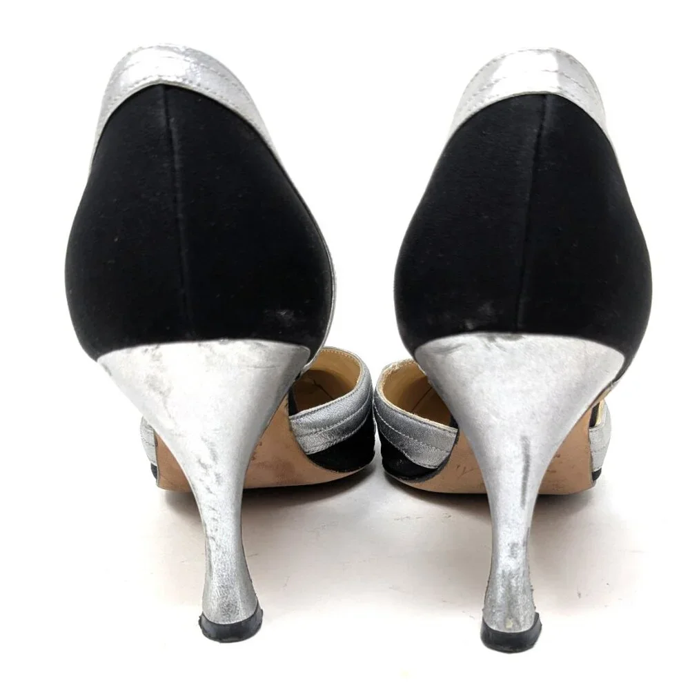 SOLDManolo Blahnik D'Orsay Pumps Black Fabric Silver Heels VTG 80s Sz 36, 6 US - Picture 4 of 16